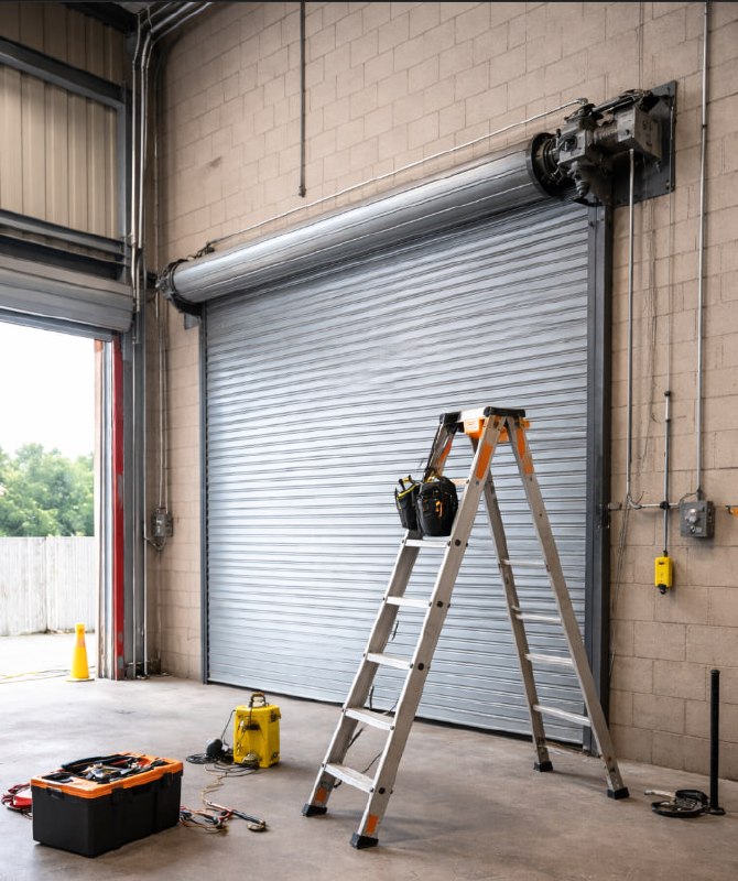 Warehouse roller door under repair at a commercial Sydney site