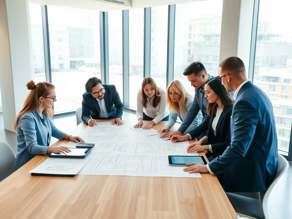 A team of consultants in a meeting room, reviewing blueprints and discussing the design of an automatic door system with a client.