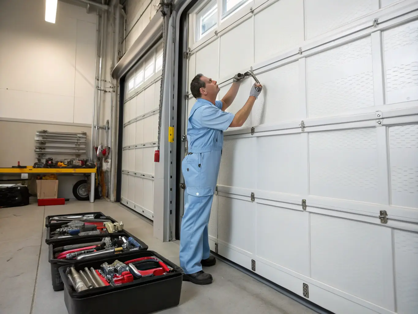 A technician meticulously performing routine maintenance on an automatic door mechanism, ensuring smooth operation and preventing potential malfunctions.
